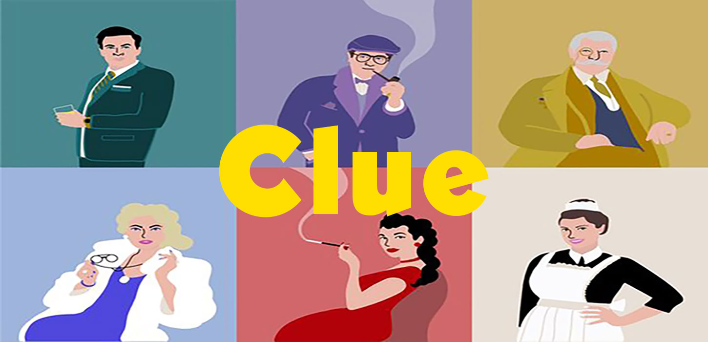 Cartoon images of the clue characters with the Clue movie logo in the center